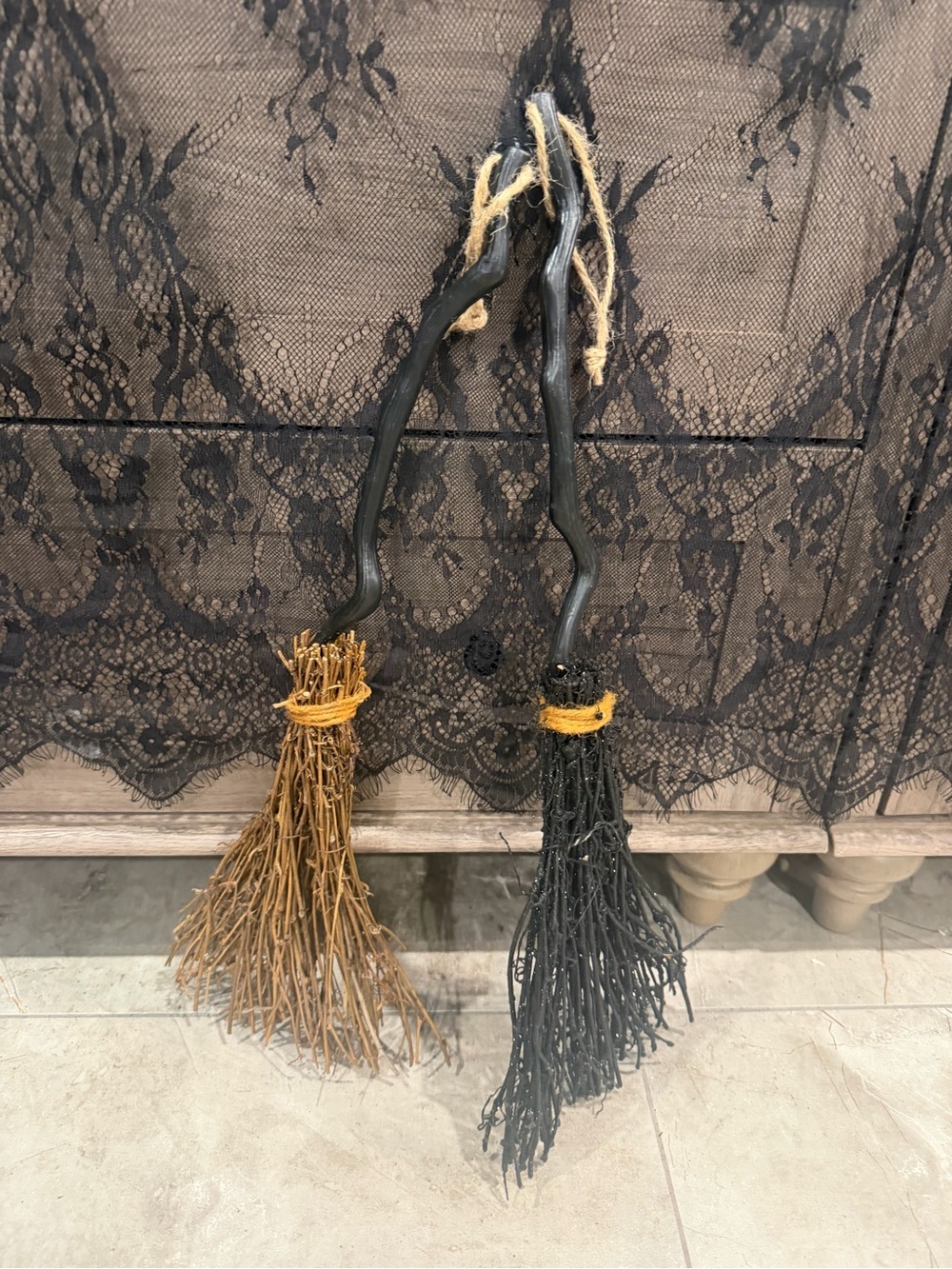 Set of 2 Witch Brooms Black Natural Rustic Halloween Hanging Decor